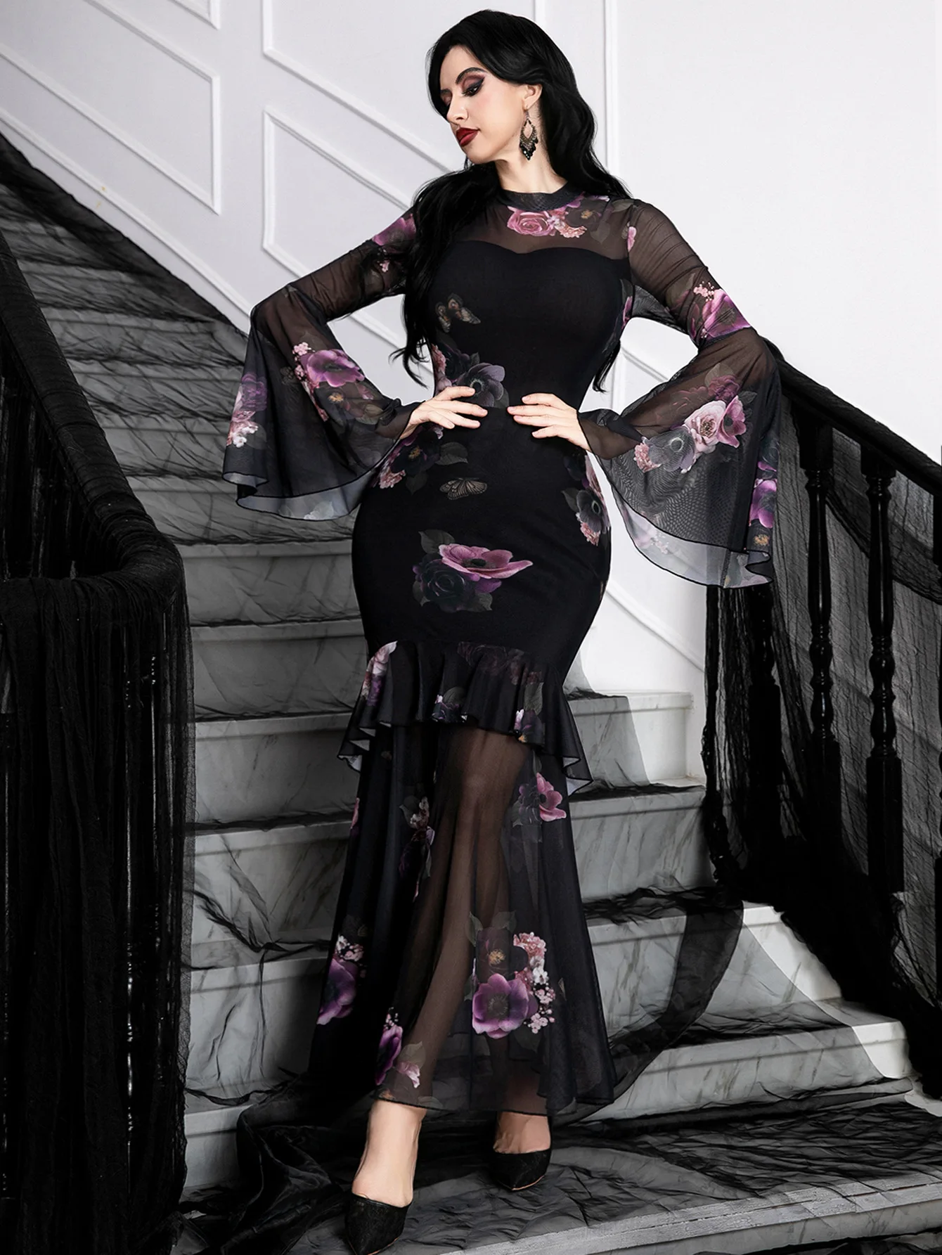 فستان ماكسي شفاف شبكي مطبوع عليه زهور بتفاصيل مكشكشة داكنة من Goth للنساء ملابس برقبة دائرية فساتين قوطية للعطلات والبحر #3