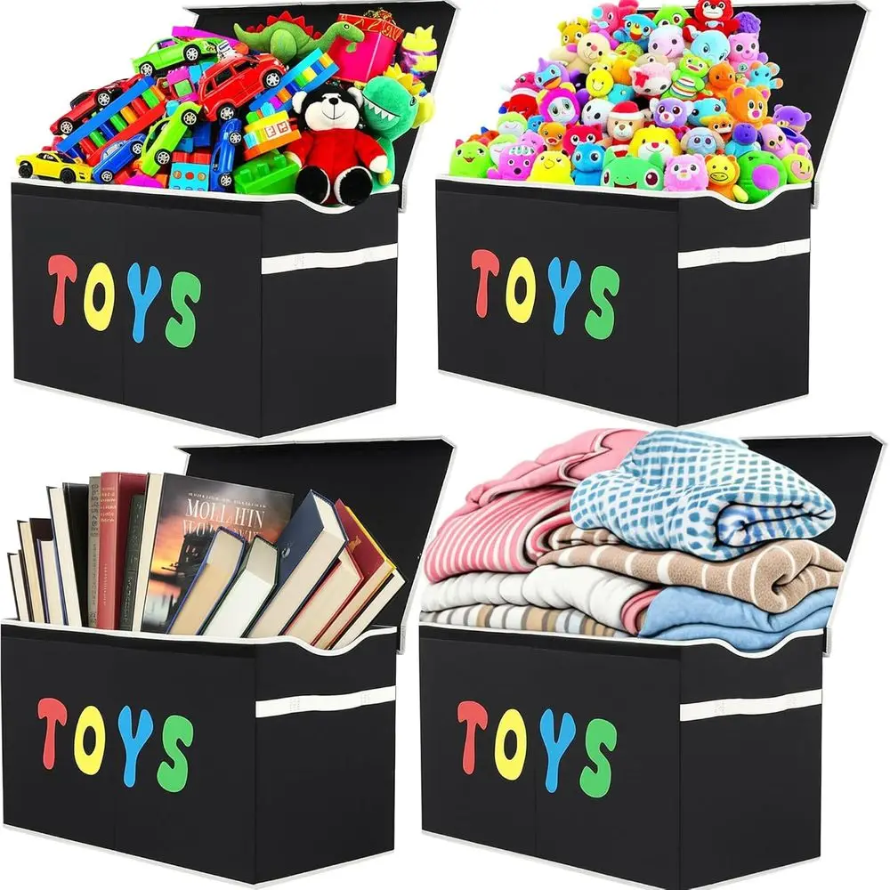 Extra Large Collapsible Storage Bins with Lids for Kids' Toys, Nursery, Playroom, and Closet (Black)