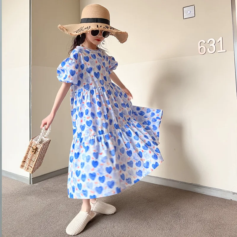 

Summer Girls' Blue Long Skirt Girls' Pure Cotton Comfortable Fashion New Style Kids Outwear Cute Dress