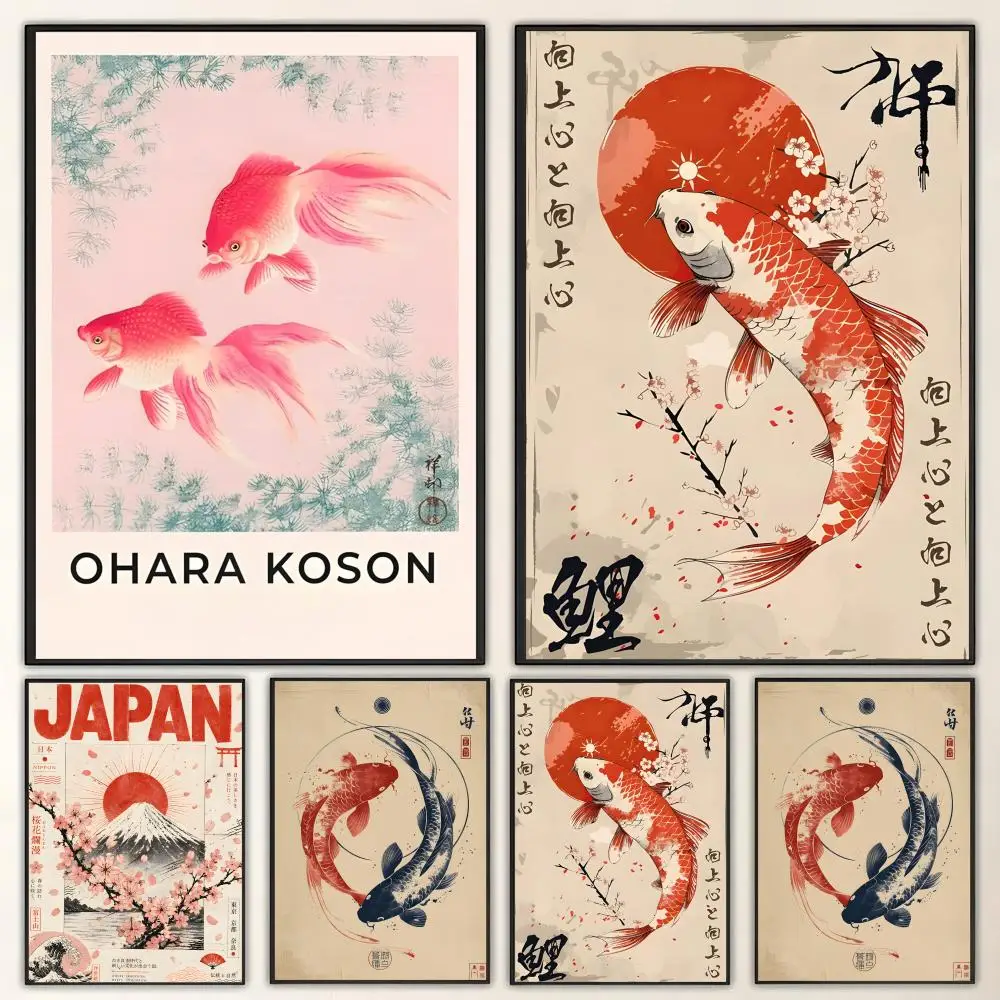 Art Japanese Koi Fish Flowers Trees Poster HD art waterproof sticky wall home decoration aesthetic