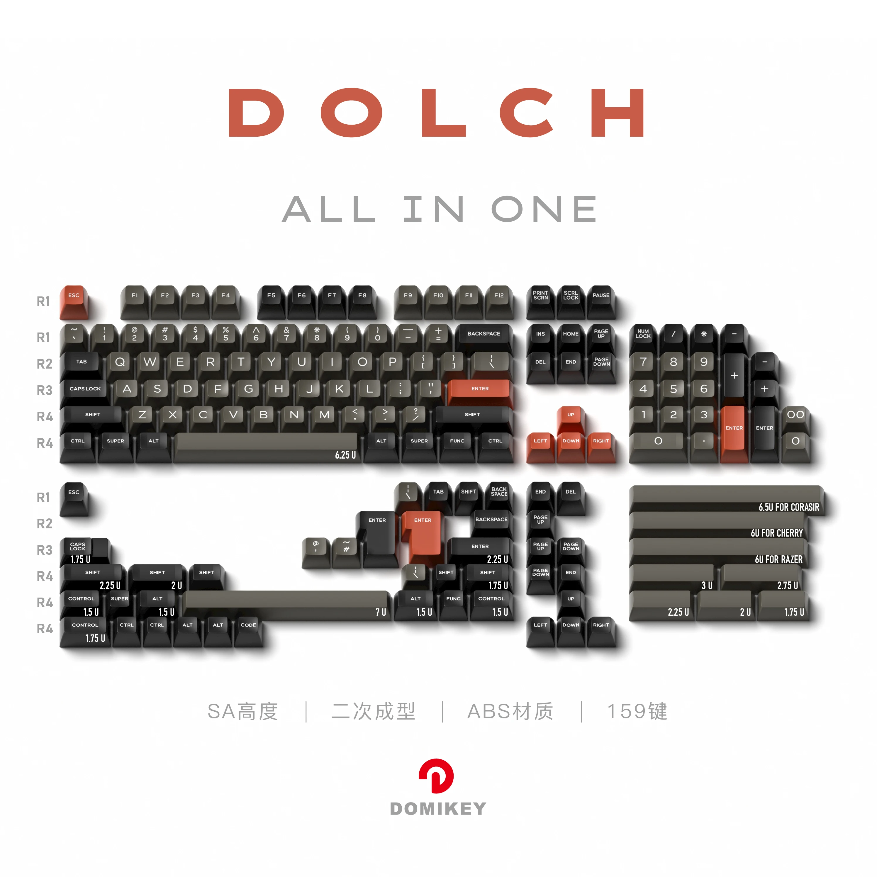 Domikey SA Profile Dolch Keycap Set, Retro ABS Double shot 159 Key, Customized Keycaps for Mechanical Keyboard
