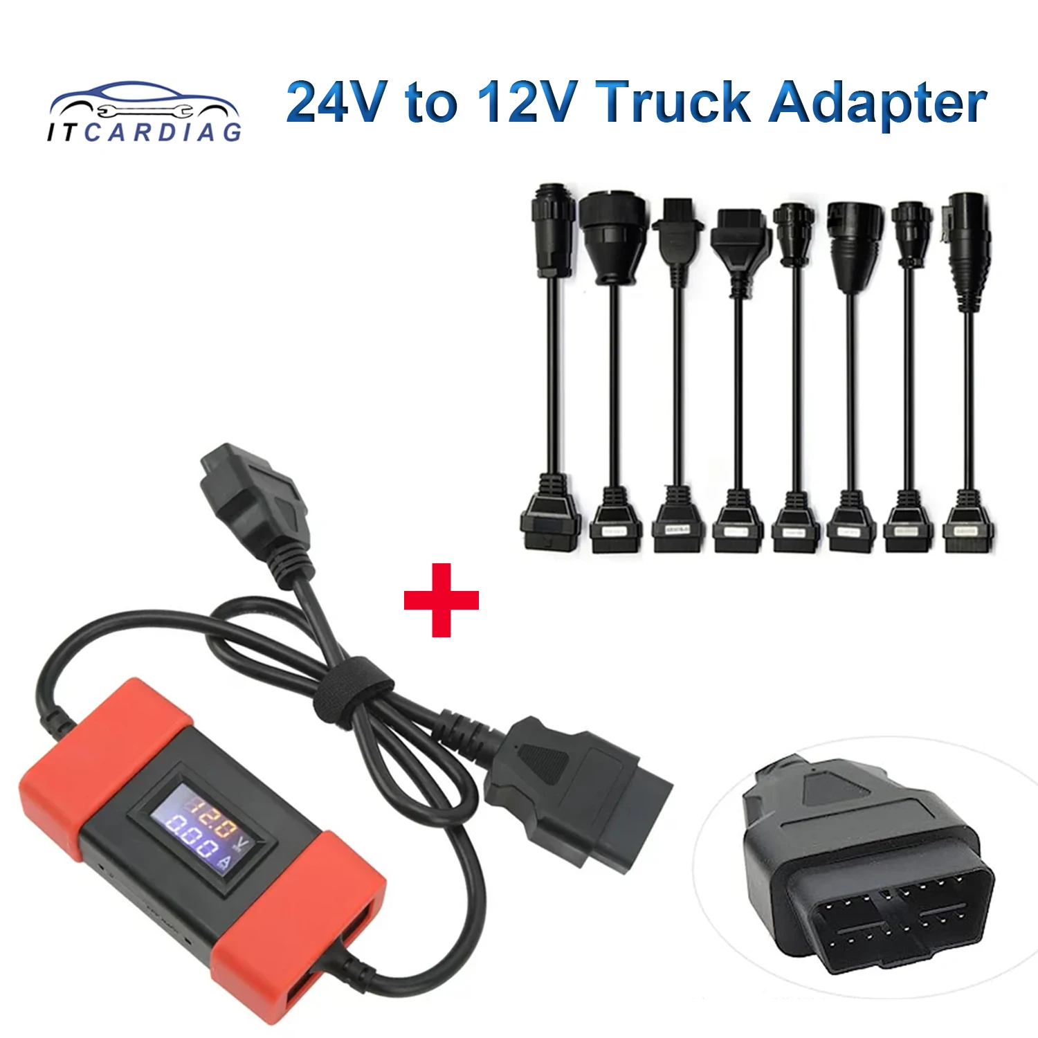 24V to 12V Truck Connector 24 Volt to 12 Volt  Heavy Duty Truck Diesel Adapter Cable with 8 Truck Cables For Easydiag OBD2 Scann