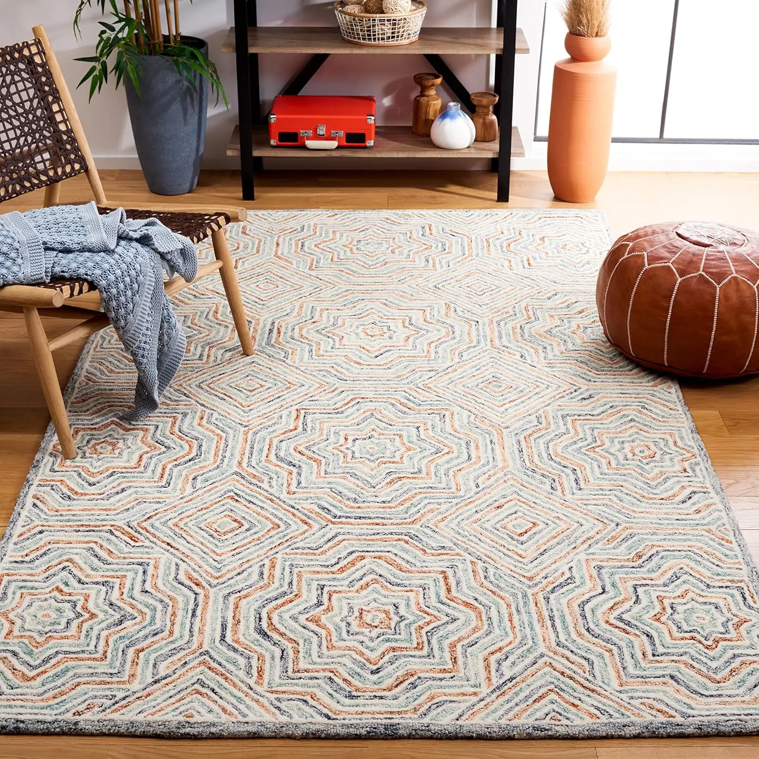 

Capri Collection Area Rug - 5' X 8', Blue & Rust, Handmade Wool, I For High Traffic Areas In Living Room, Bedroom (Cpr215M)