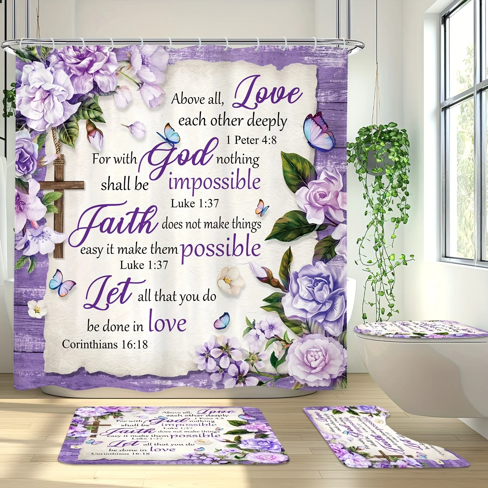 

Набор из 4 предметов для ванной комнаты Inspirational Faith: занавеска для душа, коврик для ванной, крышка унитаза и крышка бака – элегантный цветочный декор