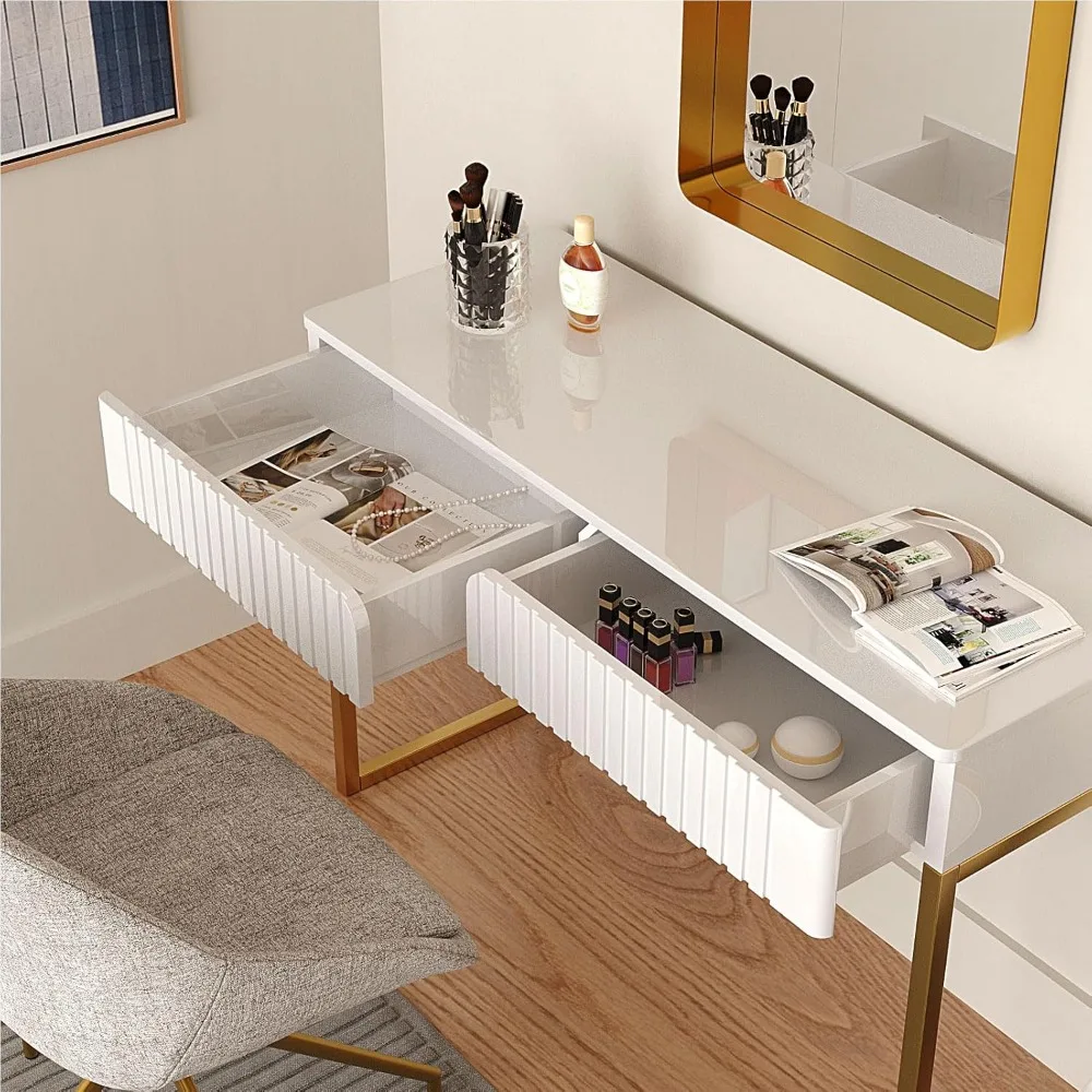 Modern Desk, 2 Drawers, Gold Legs, 43.3x15.75 inches, Home Office, Makeup Vanity, Computer, Writing, Study, Entryway, Sofa Table