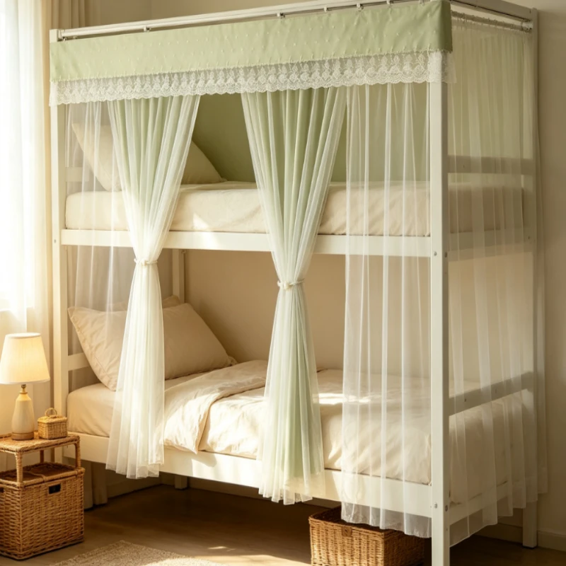 Lace yarn blackout dormitory bottom bed curtain, double slide rail mosquito-proof bed curtain u-shaped track