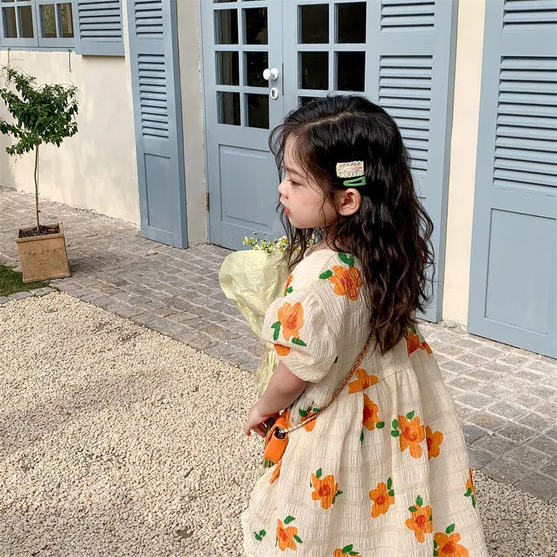 2024 Pastoral  summer girls orange flower puff sleeve dresses children\'s floral Short sleeve princess dress