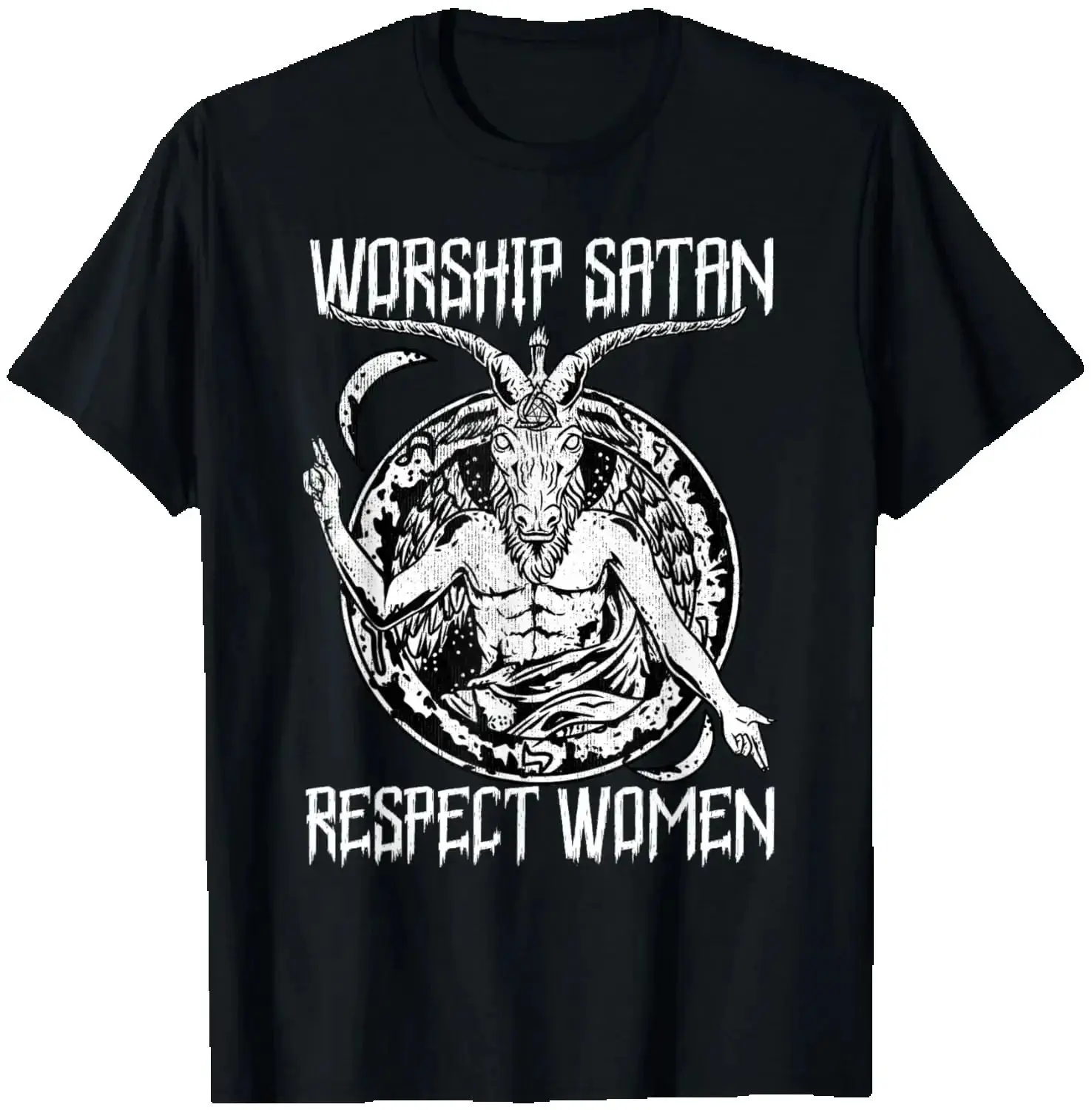 Worship Satan Respect Women - Satanic Baphomet Goat Head T-Shirt 100% Cotton O-Neck Short Sleeve Casual Mens T-shirt Size S-3XL