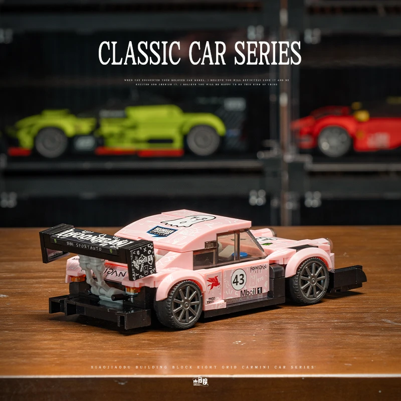 MOC Technischer Rosa Sportwagen Garagenszene Bausteine Stadt-Rennfahrzeug Montage-Bausteine Spielzeug für Kinder und Erwachsene Geschenke