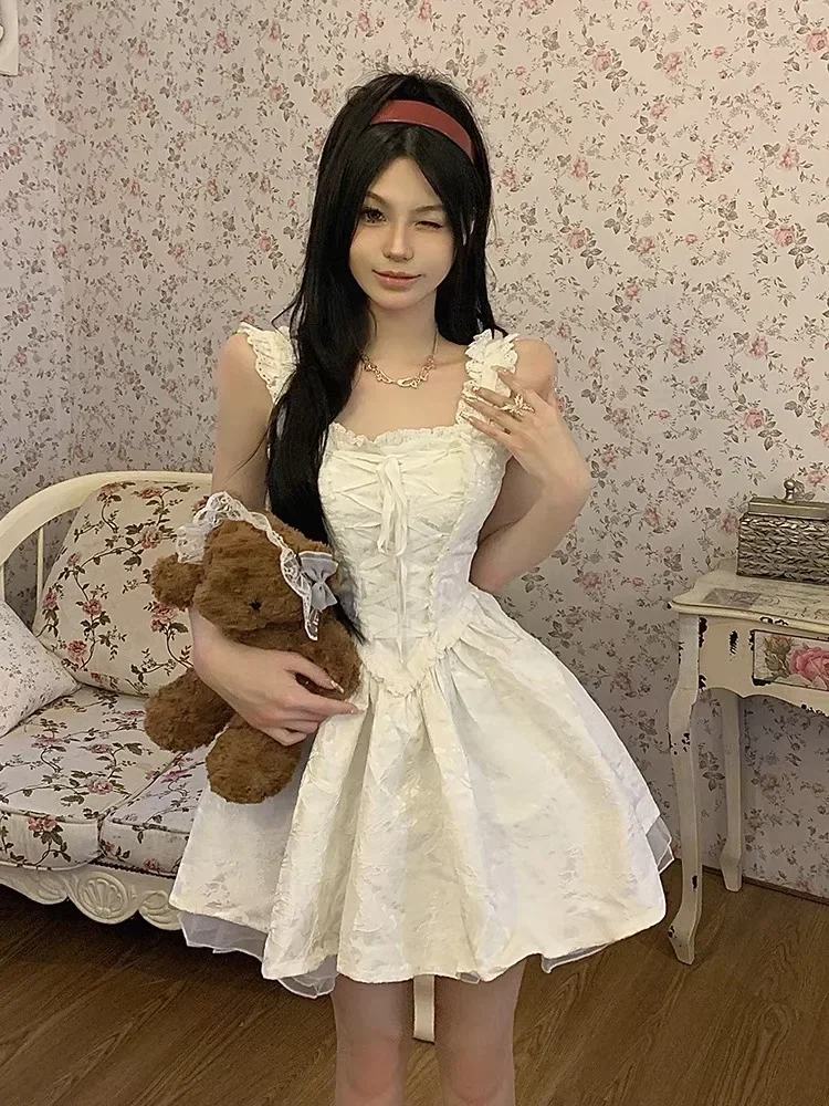 Süße Frau Kleid Mode Sommer Weiß Robe Femme Quadrat Kragen Ärmellose Bandage Rüschen Kleider 2025, Vestidos De Mujer