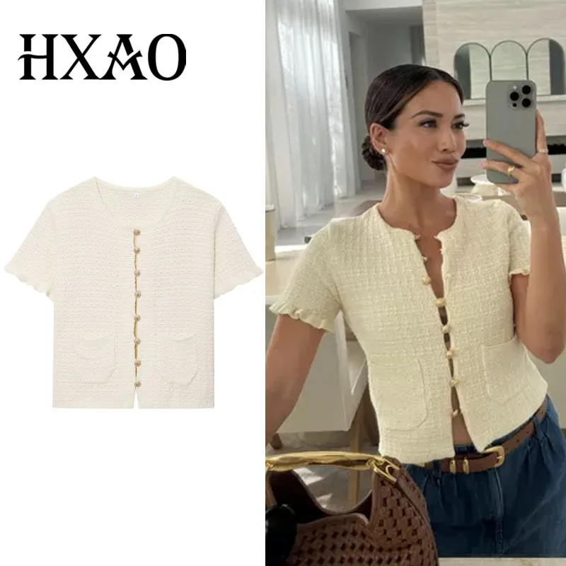 

Cardigan For Women Button Short -Sleeved Women's Sweater Crop Cute Summer knit Y2k Crochet White Top Office Casual Thin Cardigan