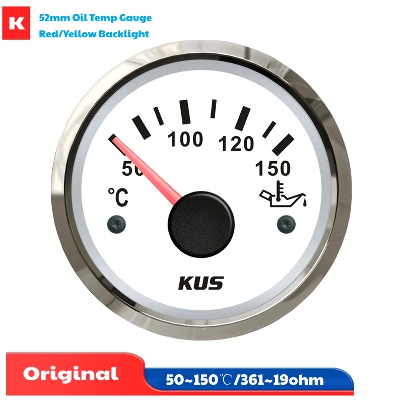 KUS 361-19ohm Input Signal Oil Temperature Meters 52mm 50-150℃ Display Oil Temp Gauges with Red / Yellow Backlight for Car Boat