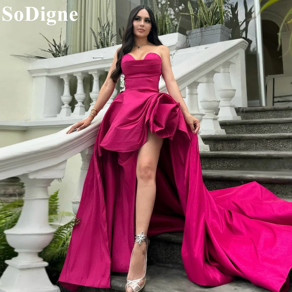 

SoDigne Fuchsia Evening Dresses Strapless Ruffles Sweetheart High Split A-Line Long Party Dress 2024 Formal Prom Gowns for Women