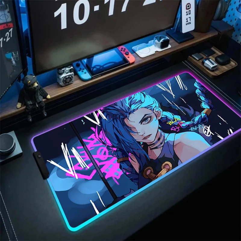 High Quality L-league of Legends Jinx Gaming LED Mouse Pad Laptop Gamer RGB Mousepad Cool Anime Antislip Mat Keyboard Desk Mats