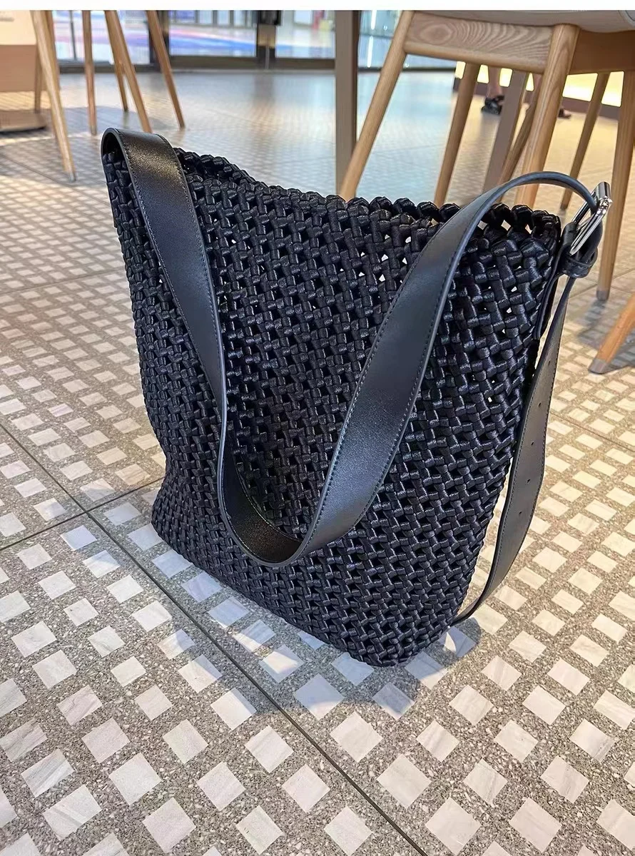 High Quality Casual Bag Hollow Out Nylon Woven Handmade Bucket Bag Women Handbag Large Capacity Tote Bag Lady Purse Shoulder Bag