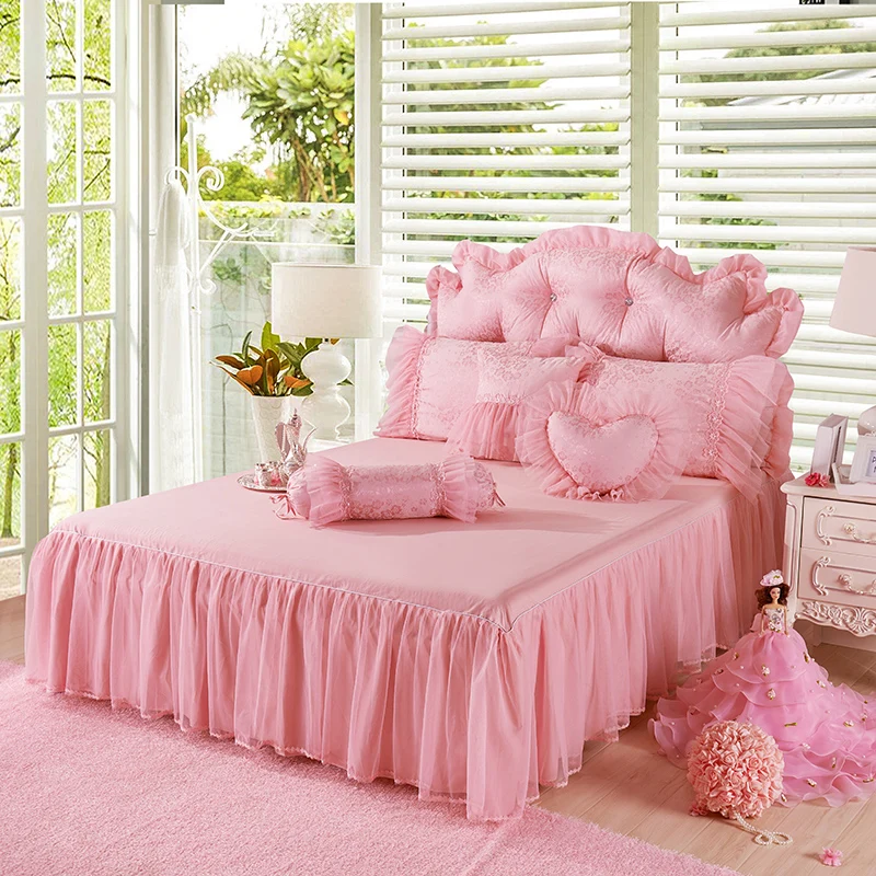 Pink Jacquard Satin Duvet Cover Sets Luxury Solid Color Bedding Princess Lace Ruffles Bedclothed Bed Skirt Pillowcases Cotton