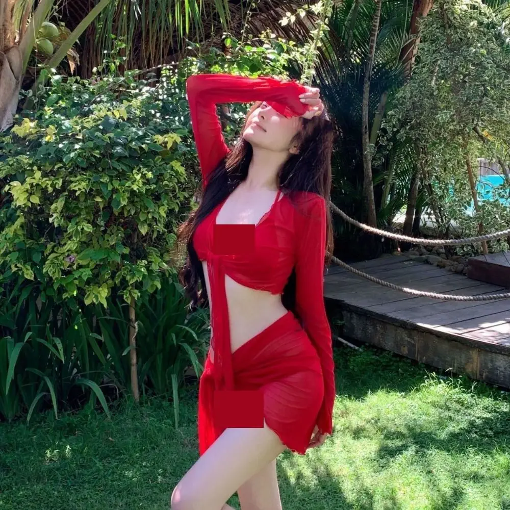 

Pure Red Color Four Piece Bikini Set White Color Lace Up Design Split Swimsuit Solid Color Cover Up Skirt Long Sleeved Swimsuit