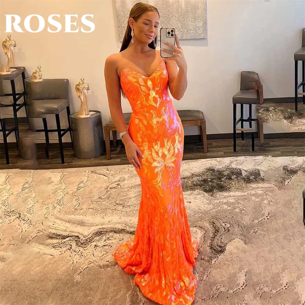 

ROSES Simple Orange Prom Dress Sweetheart Mermaid Evening Dress Sleeveless Applique Party Dress with Pleats Satin Robe De Soirée