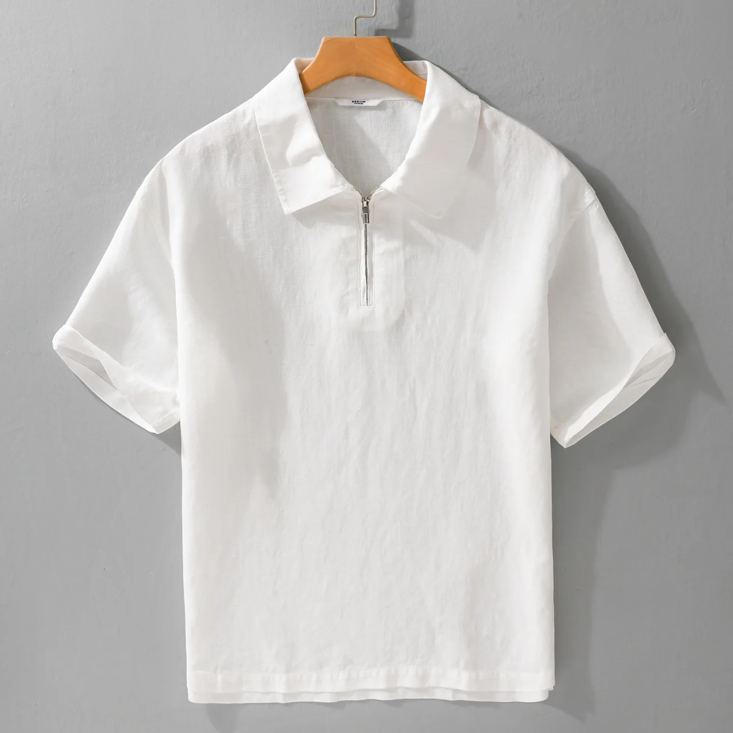 Summer Fashion Linen Blended Zip Up Polo Shirt for Men Japan Style Short Sleeve Loose Casual Simple Versatile Tops Male