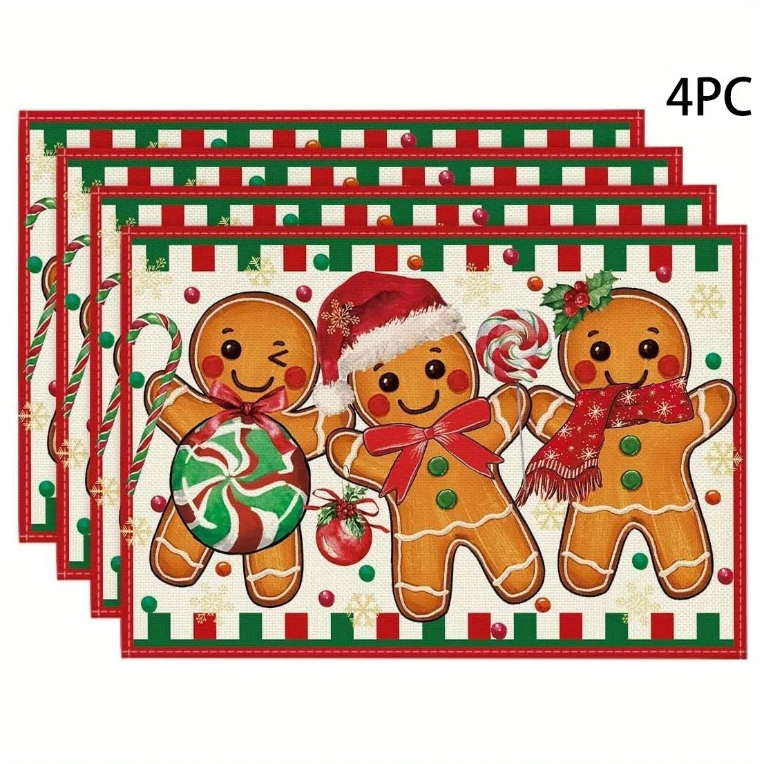 Gingerbread Men and Candy Cane Placemats, Red and Green Plaid Christmas Table Mats Suitable for Farmhouse Winter Holiday