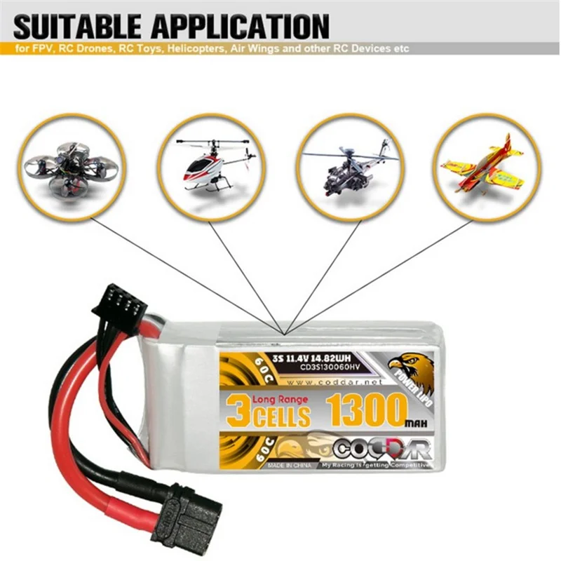 CODDAR 1300mAh 3S 11.4V HV 60C: La Batería Ideal para Tu Cinewhoop FPV con Alto Rendimiento y Durabilidad