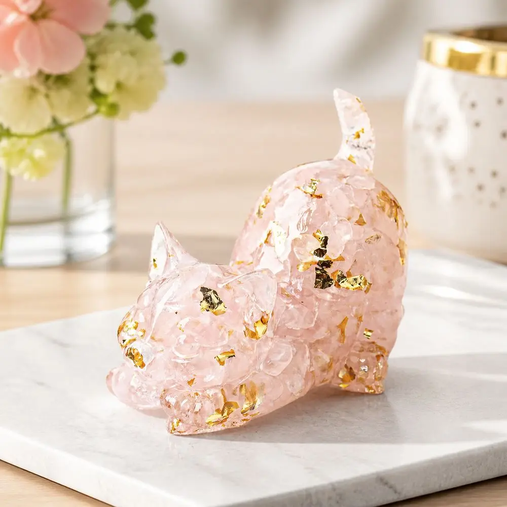 Cute Curled Tail Crystal Cat Figurine Gold Foil Accents Handcrafted Style Cat Statue Cat Ornament Home Office