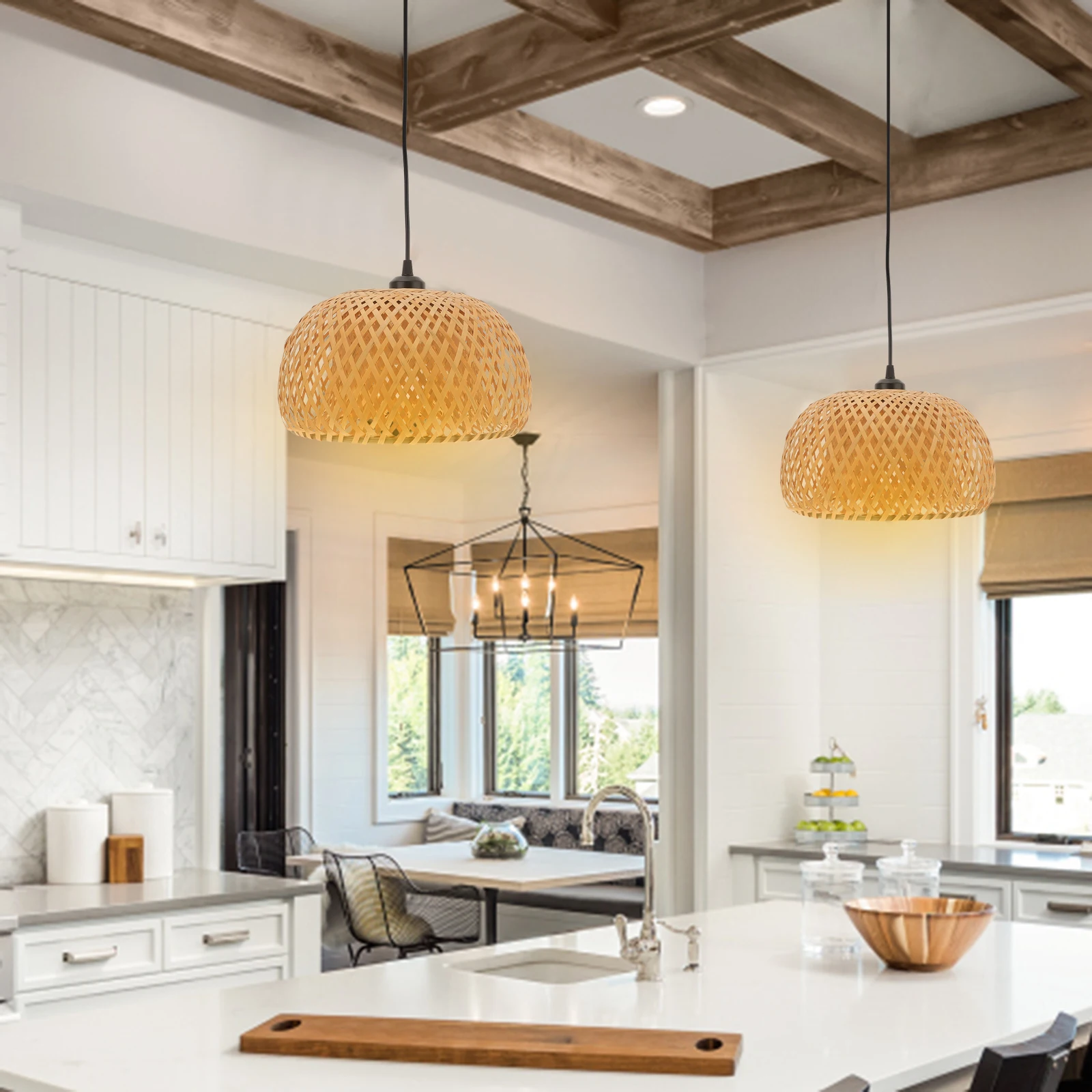 

Bamboo Lampshade Chandelier Wicker Pendant Light Rattan Woven Hanging Lamp Plug in Cord Pendant Lampshade Home Lighting Decor