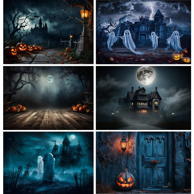 

Halloween Backdrop Full Moon Scary House Night Castle Graveyard Forest Bats Pumpkin Lantern Spooky Photography Background SJ-9