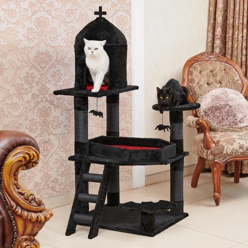 

tt Cat Tree with Coffin Bed，55" Cat Tower with Spacious Cat ，Scratching Posts，Spider Hanging Ball