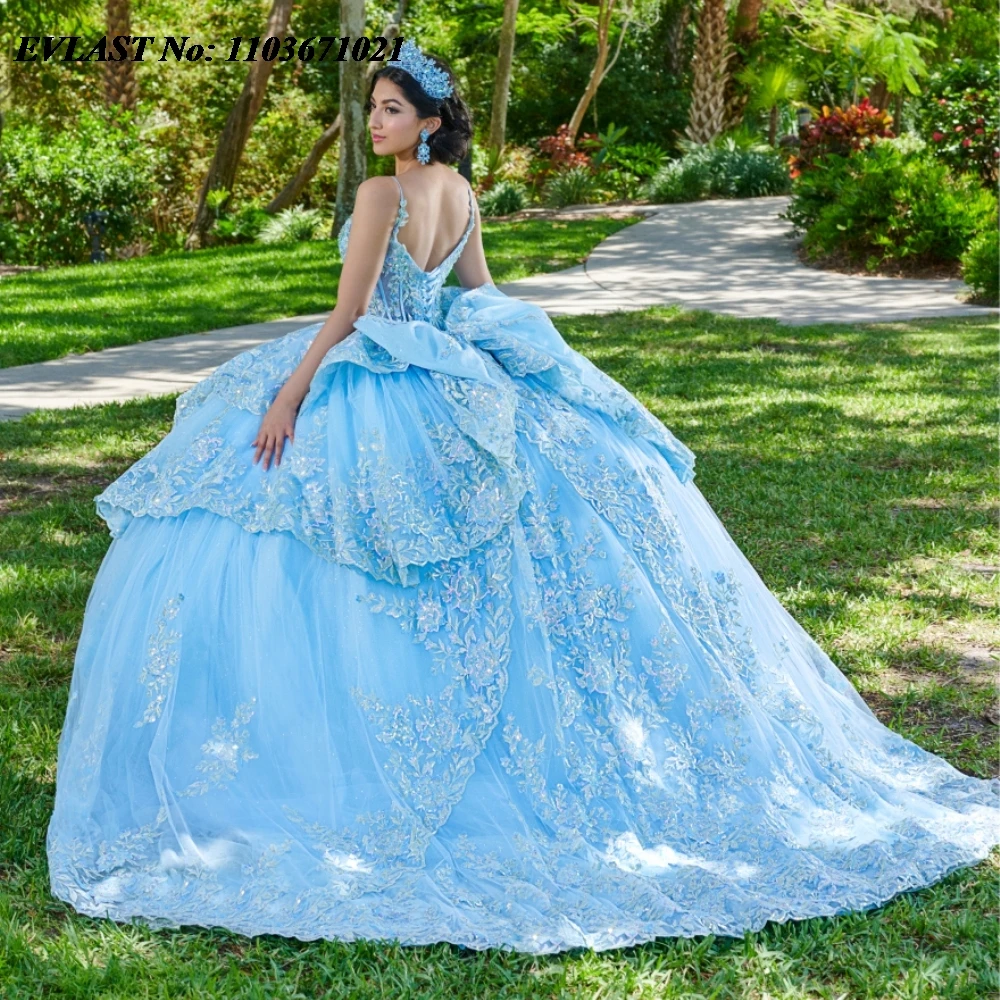 فستان Quinceanera مخصص من EVLAST فستان حفلة لامع مزين بالدانتيل مطرز بالخرز كيب متدرج مشد فيستدوس دي XV Anos SQ302