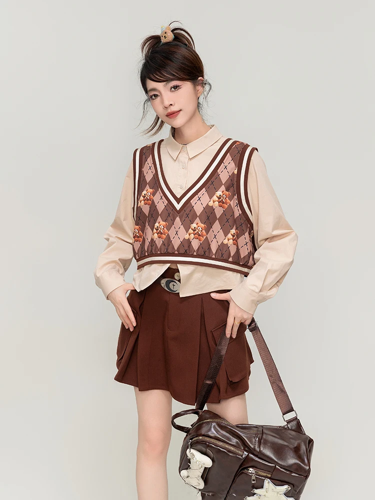 

Skirt Women's Brown Pleated Stitching Pocket Button Short Spring and Summer High Waist Slimming A- line Fashion All-Match Sexy