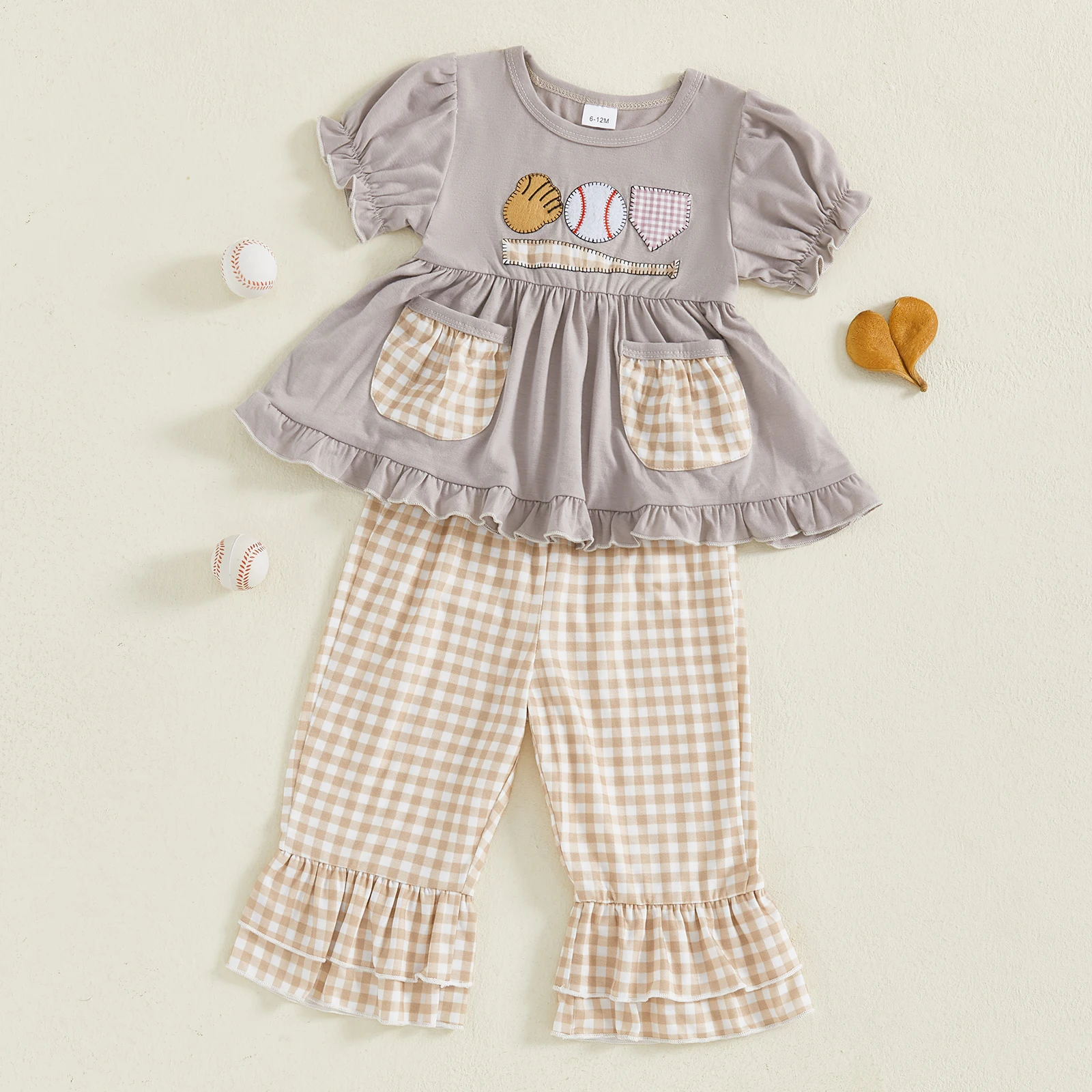 

Tregren Toddler Baby Girl Baseball Outfit Ball Short Sleeve Ruffle Hem Tops Plaid Flare Pants 2 Piece Fall Set