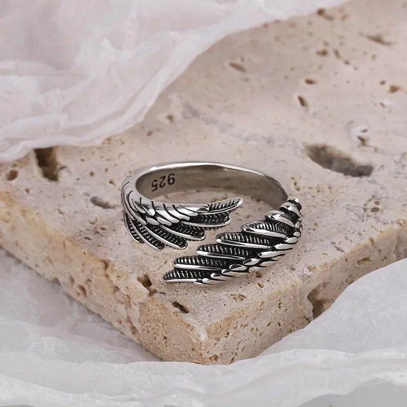Women Girls Silver Color Rings Fashion Hip Hop Vintage Couples Creative Wings Design Thai Silver Party Jewelry Birthday Gifts image 4