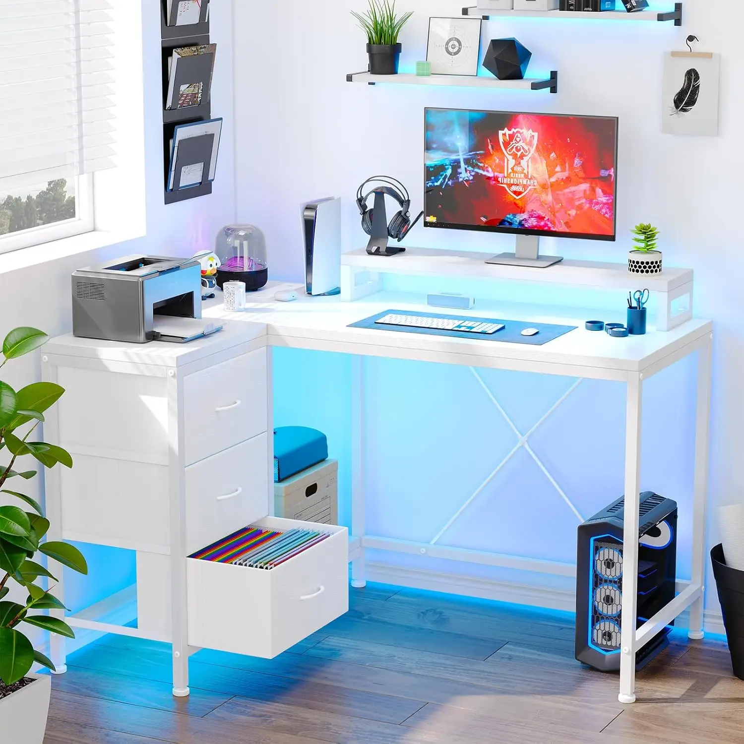 

L Shaped Desk with Power Outlets & LED Lights,Computer Desk with Drawers&Shelves,Corner Desk Gaming Desk Home Office Desk,White