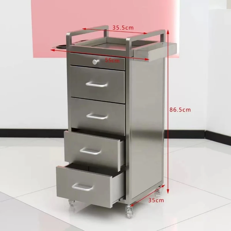 Modern stainless steel salon tool cart 4-wheel rolling design, multi-functional storage rack 360-degree rotation, barber shop