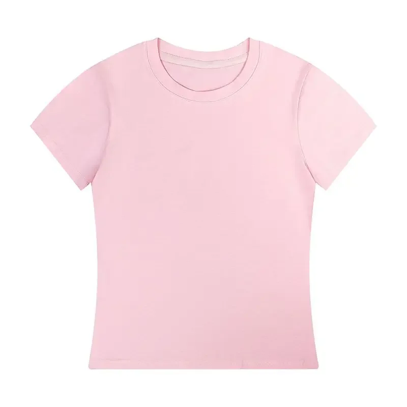 2024 New Women American Casual Set in Shoulder Short Sleeve Tee Korean Slim Fit Crew Neck Soft Ribbed Cotton Bm Basic Base Top