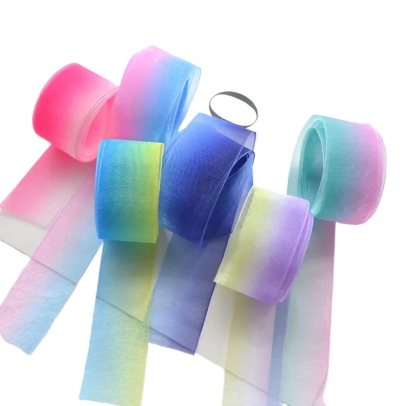 5meters 25mm Gradient Rainbow Organza Ribbon Handmade Clothing Materials Wedding Gift Wrap Supplies DIY Hair Bow Accessories