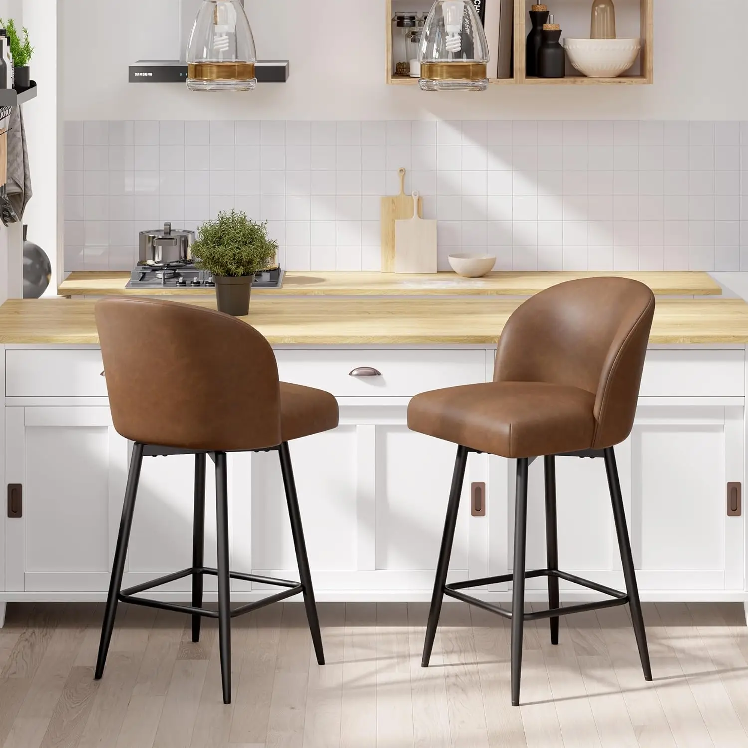 Counter Height Bar Stools Set Of 2,360° Swivel Barstools With High Back And Metal Legs,26