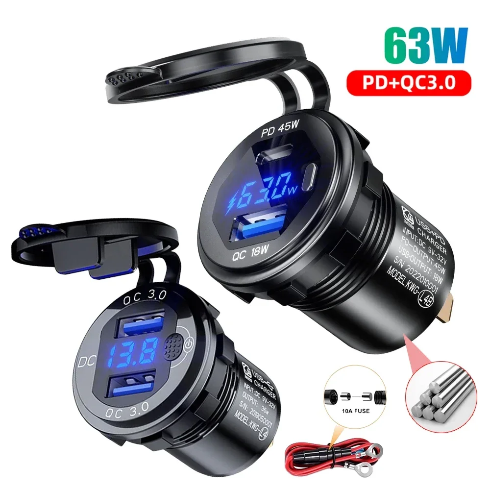 Aluminum Quick Charge 3.0 and PD Dual USB Car Charger Socket 12V/24V 63W Dual USB Motorcycle Socket Power Outlet Charge Adapter