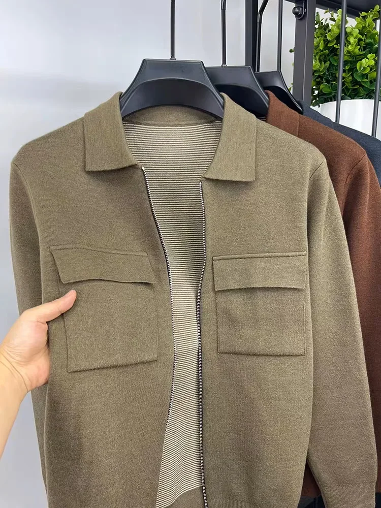 Męski kardigan z wełny z wysokiej jakości zamkiem błyskawicznym, luksusowy płaszcz na jesień/zimę z kieszeniami, jednolity kolor, ciepła kurtka swetrowa na co dzień.