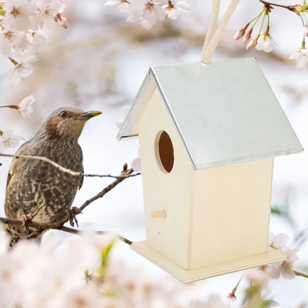Galvanized Iron Top Wooden Bird House Wood Panel Frame Sloped Roof Design Hanging Birdhouse Hanging Rope Built-in Perch Peg