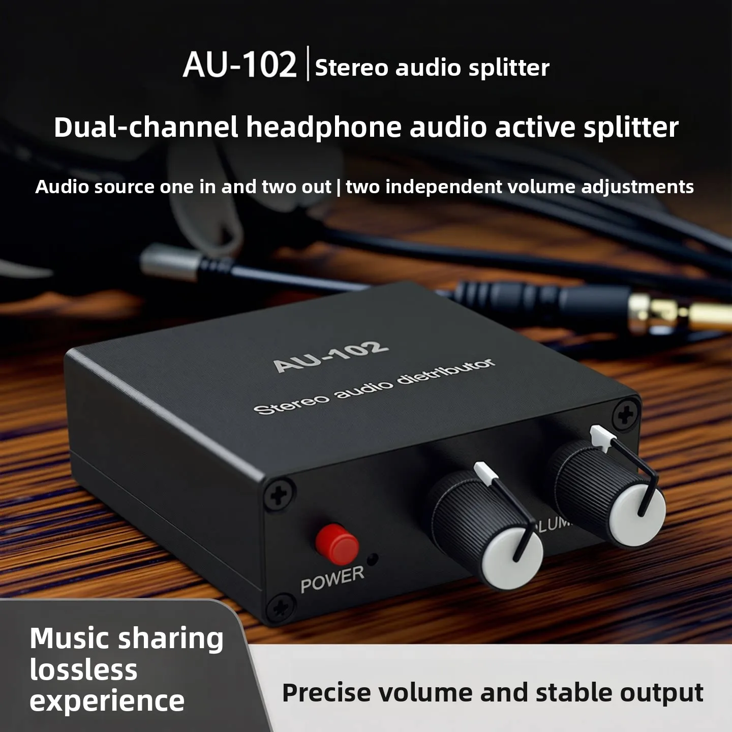 Dual-channel headphone audio active splitter - one input, two outputs with volume control