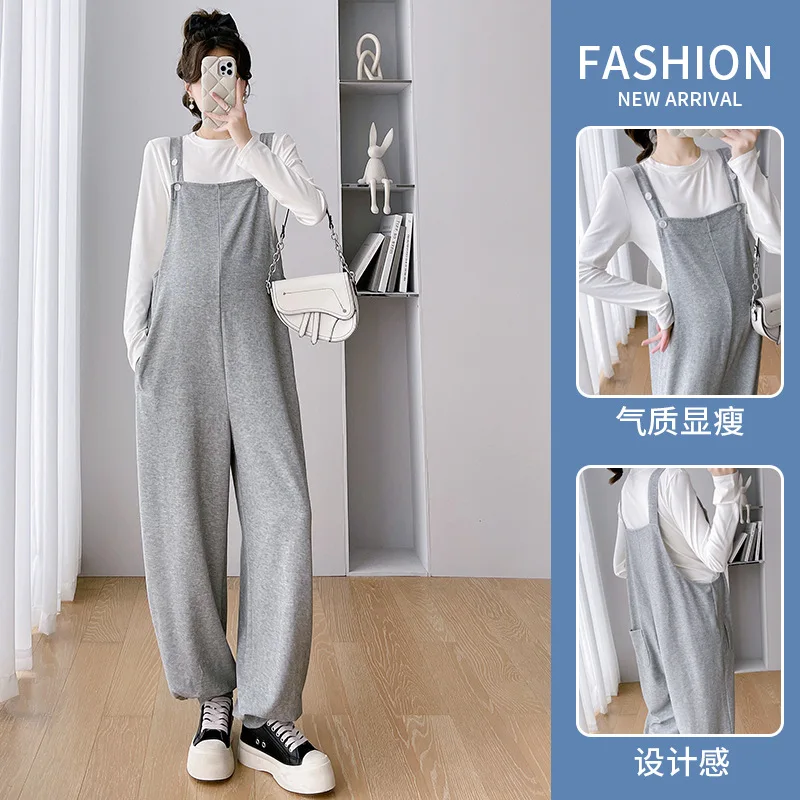 2026 New Autumn Maternity Suspender Pants Set Solid Color Loose Pregnancy Outfit Pregnant Women Overalls For Daily Outer Wear