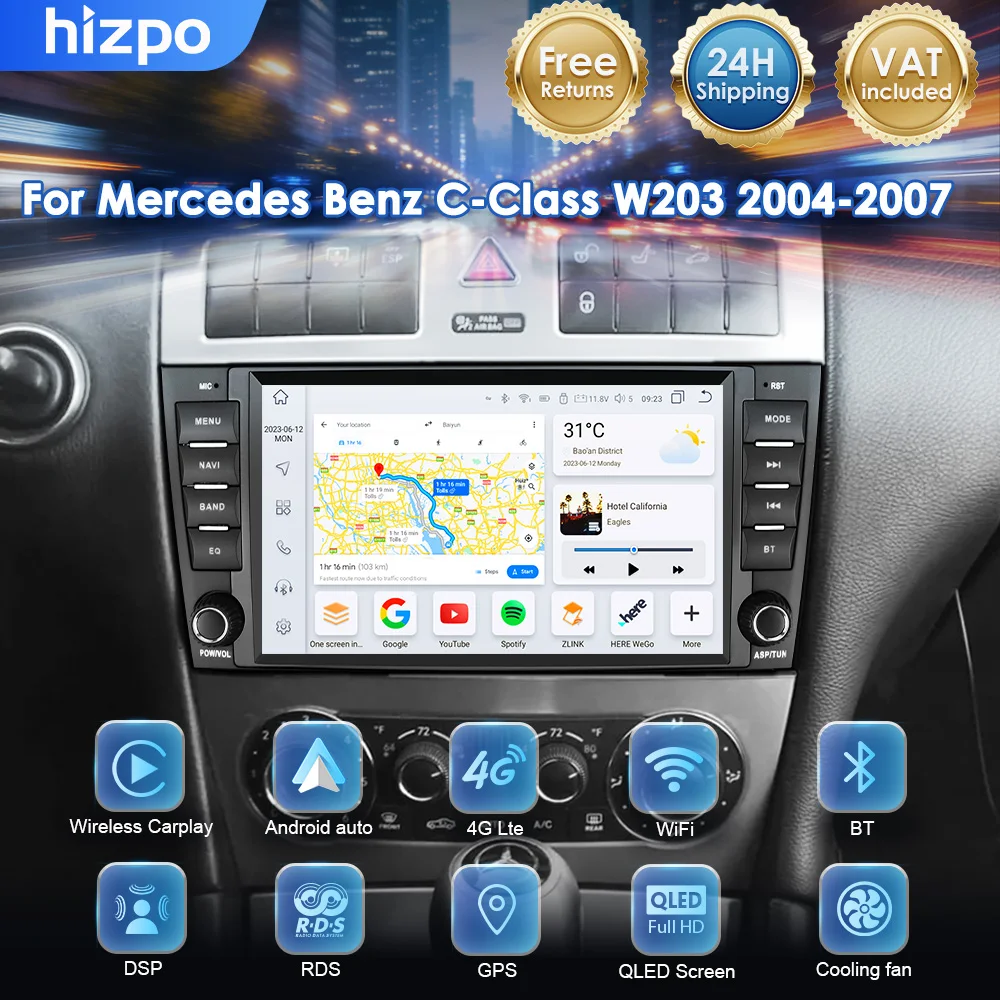 Hizpo Autoradio Android Auto Carplay da 8 pollici per Mercedes Benz CLC W203 C-Class C180 C200 CLK200 CLK W209 Autoradio 4G-LTE Stereo