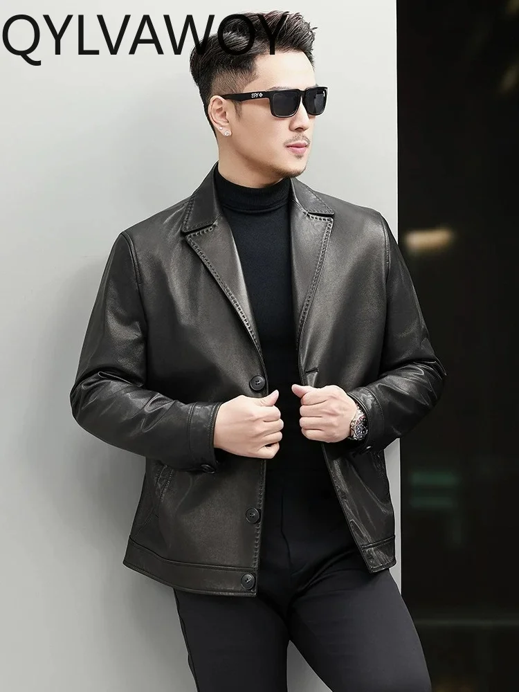 QYLVAWOY100% Genuine Leather Jacket Men Short Blazer Spring Autumn Top Layer Goatskin Real Leather Coat chaqueta de cuero hombre
