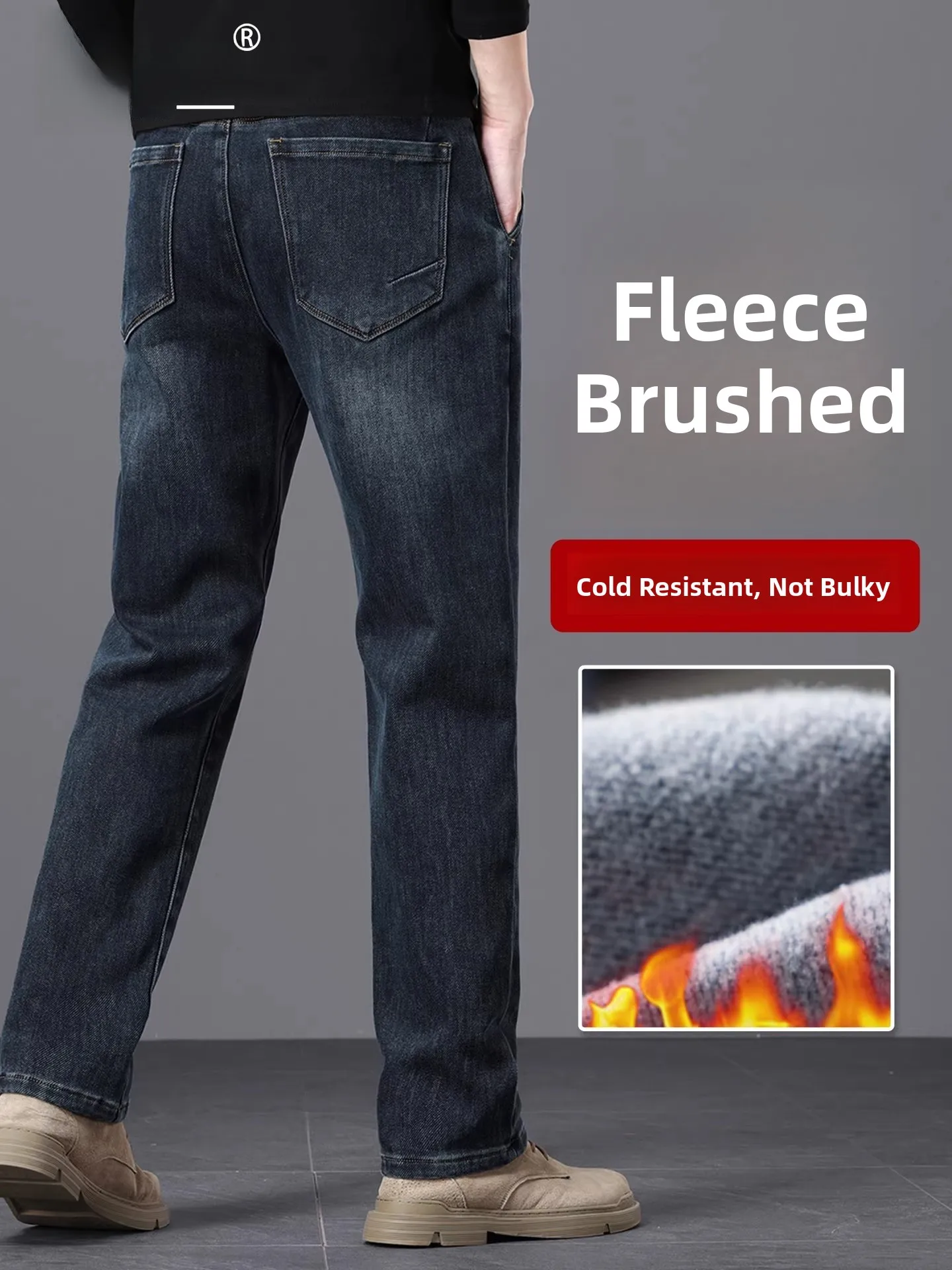 

Men's Fce Lined Thiened Jeans High Waist Casual Busin Sle Winter Warm Wear Resistant Straight Leg Loose Fit Trousers