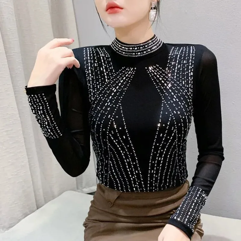 Autumn Winter Stand-up Collar Hot Mesh Long-sleeved T-shirt For Women Fashion Slim Versatile Top