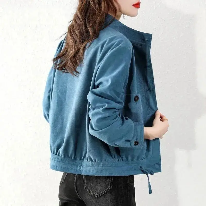 Women\'s Clothing Solid Color Streetwear Coats Stand Collar Casual Pockets Spliced Spring Autumn Commute Single-breasted Jackets