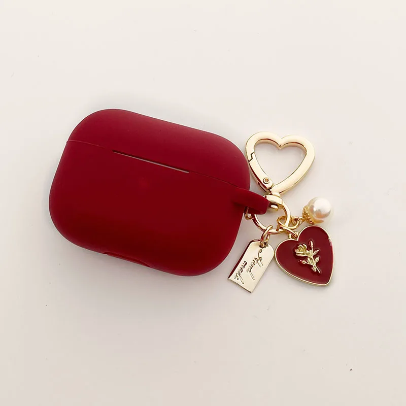 

Vintage Roses Pearl Keychain Wine Red cute silicone Case For Apple Airpods 2 3 For Air pods Pro Wireless Earphone soft Cover Box