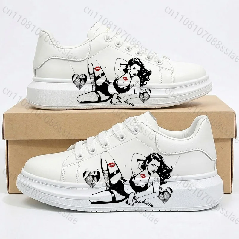 New Adult Man Woman Thick Sole White Sneakers Retro Ladies Art Print Lace Up Platform Wear Resistant Light Sports Shoes